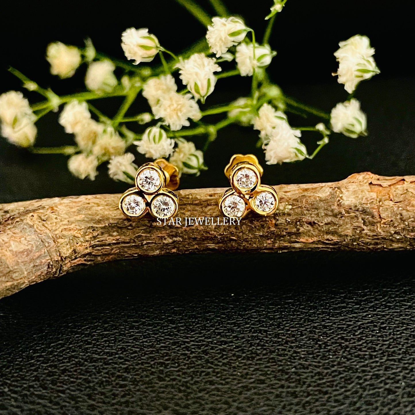 Three Stone Genuine Bezel Set Diamond 14K Gold Earring