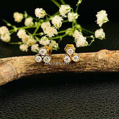 Three Stone Genuine Bezel Set Diamond 14K Gold Earring