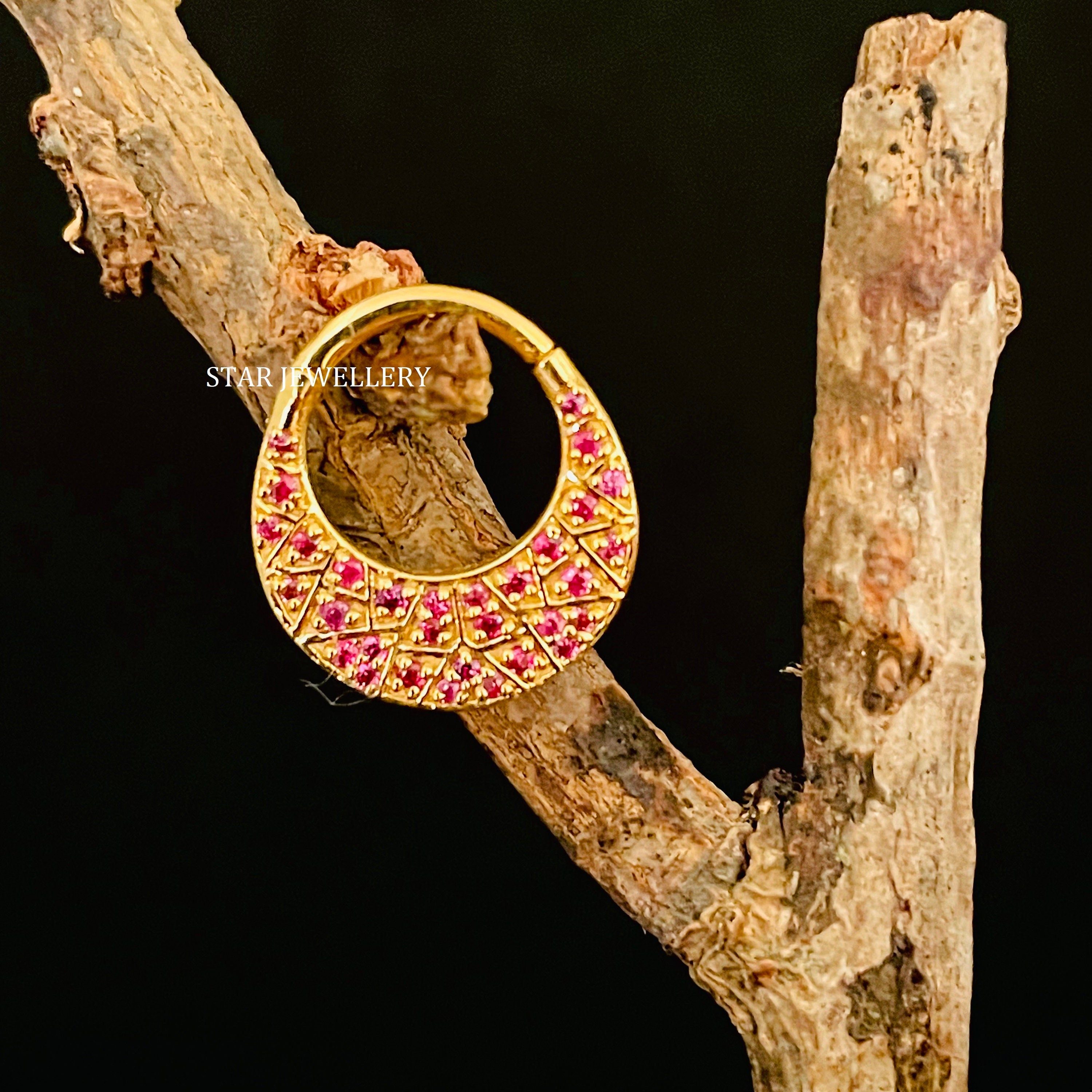 14K solid gold natural ruby zig zag septum piercing