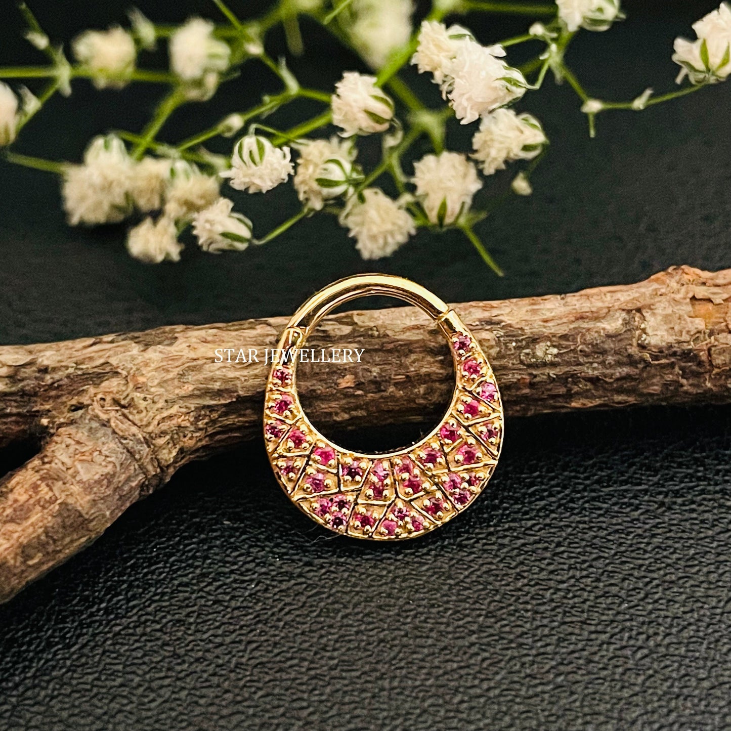 14K Solid Gold Natural Ruby Zig Zag Septum Piercing