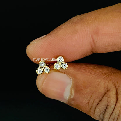 Three Stone Genuine Bezel Set Diamond 14K Gold Earring