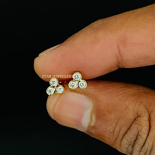 Three Stone Genuine Bezel Set Diamond 14K Gold Earring