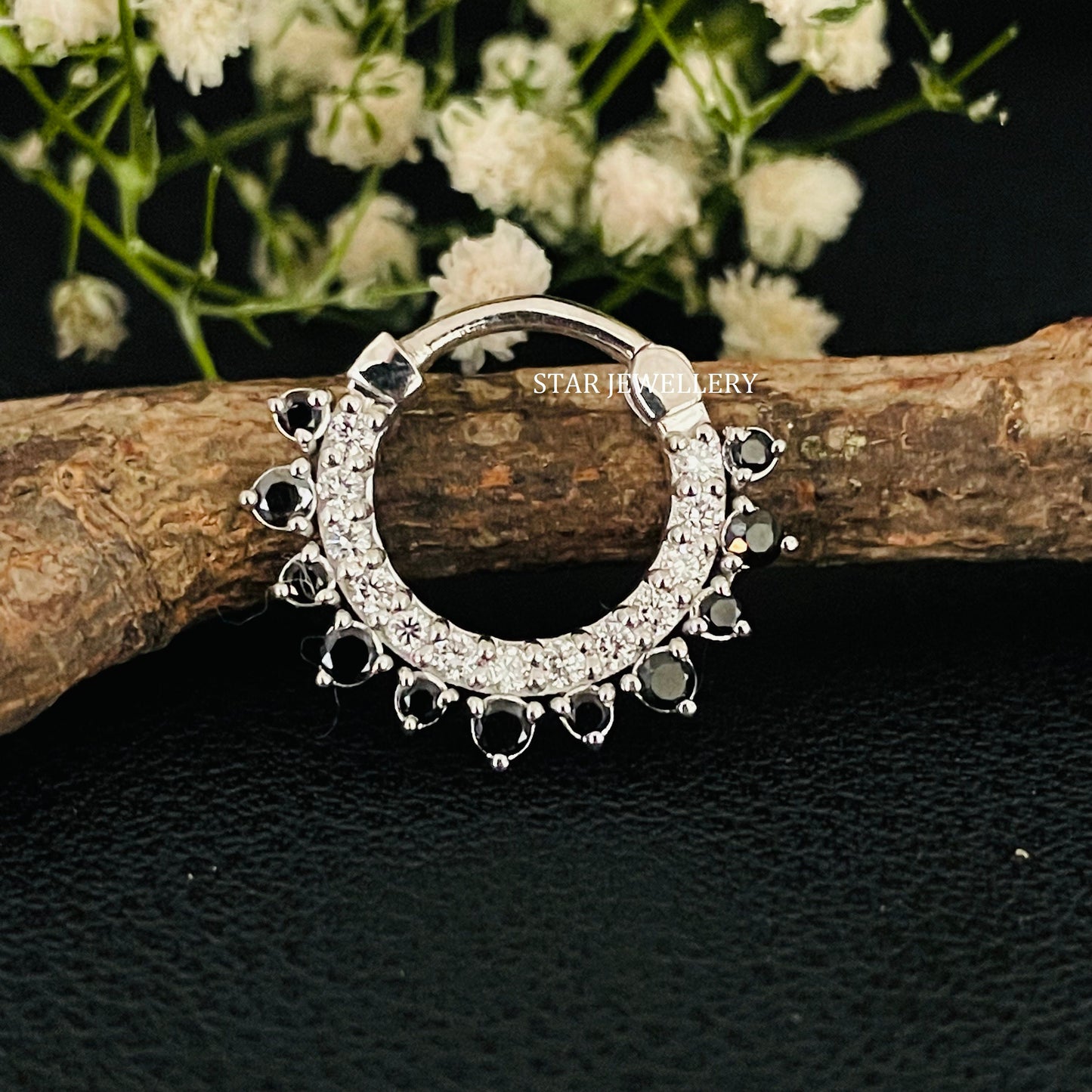 Septum Nose Ring in 14K Solid Gold with Black Diamond