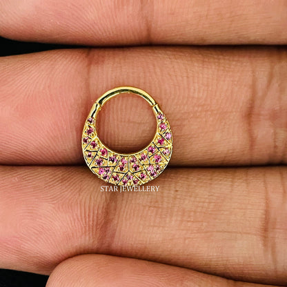 14K Solid Gold Natural Ruby Zig Zag Septum Piercing
