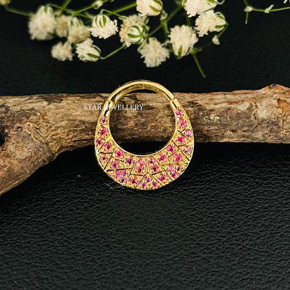 14K Solid Gold Natural Ruby Zig Zag Septum Piercing