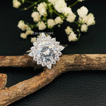 14K Solid Gold 2.00 Ct Brilliant Cut Moissanite Halo Engagement Ring