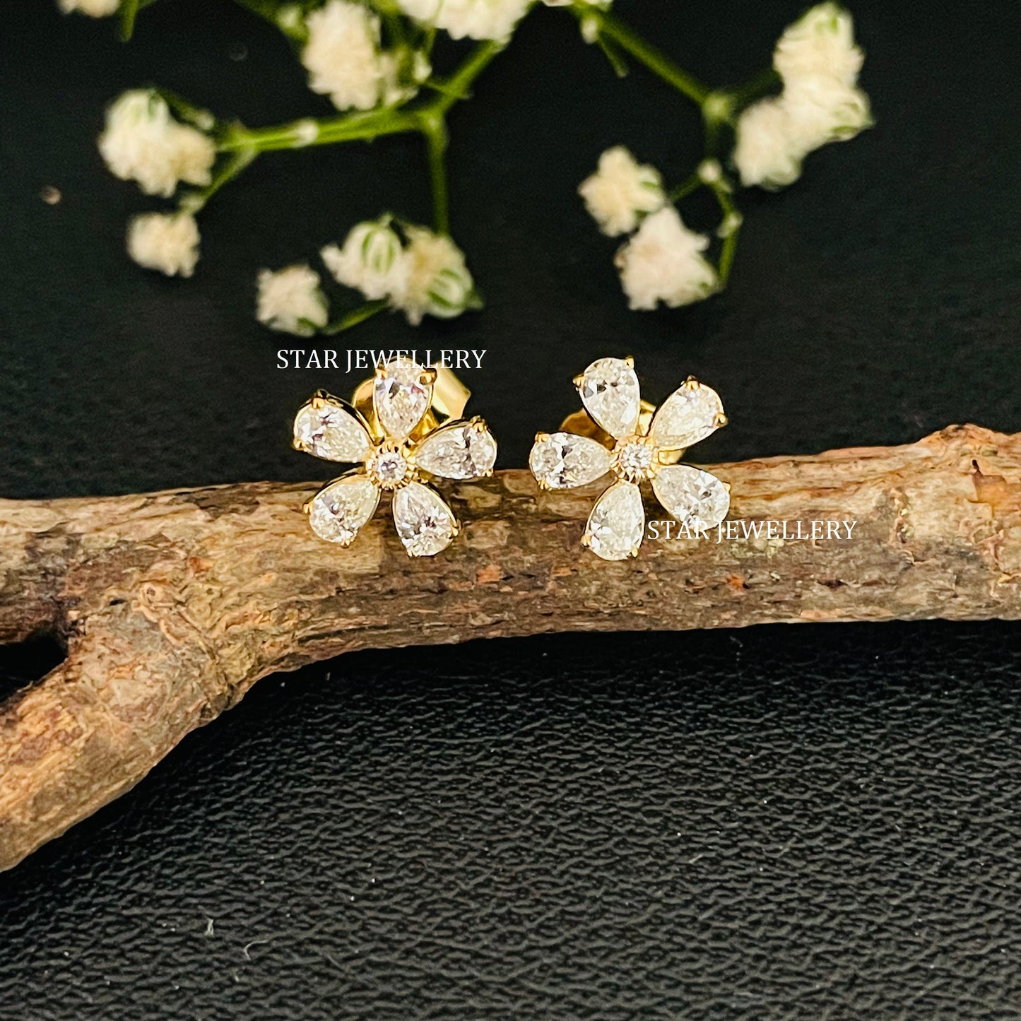 Pear Shape Diamond Flower Stud Earrings
