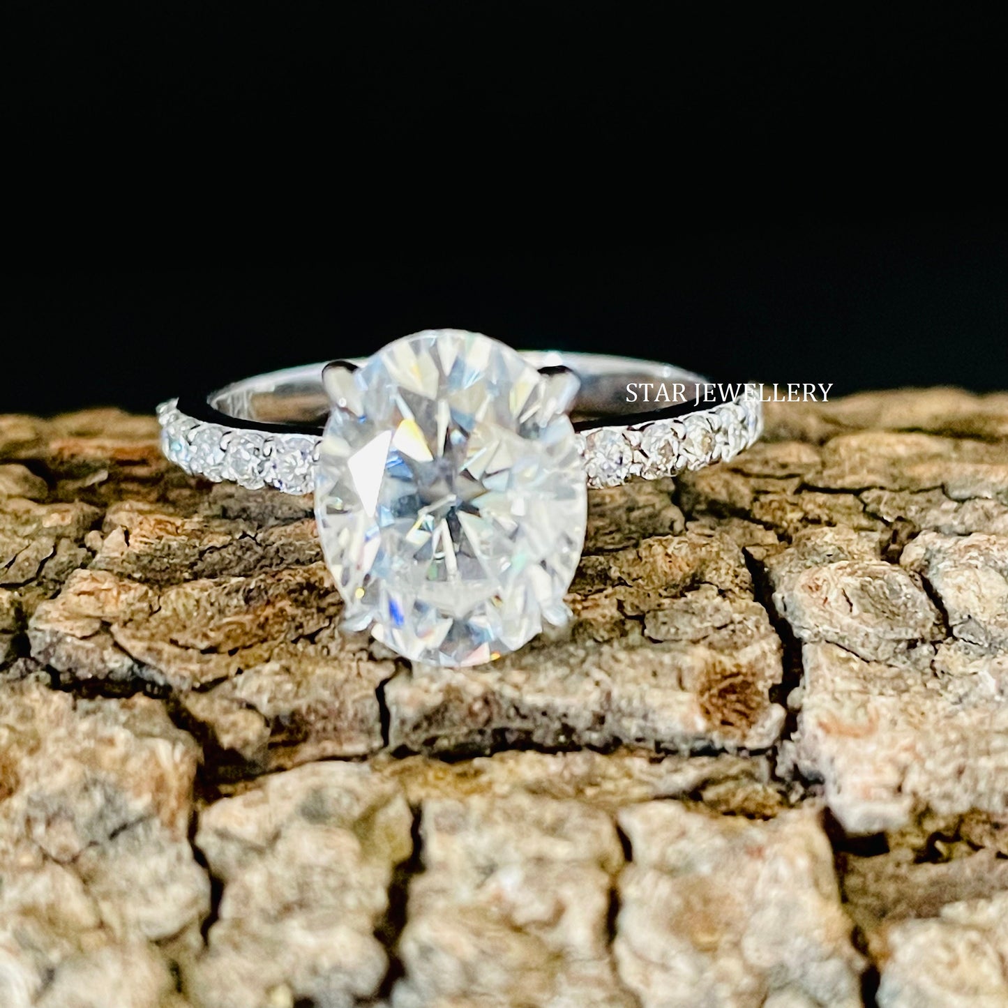 3.00 Ct Colorless Oval Cut Moissanite Engagement Ring with Studded Shank