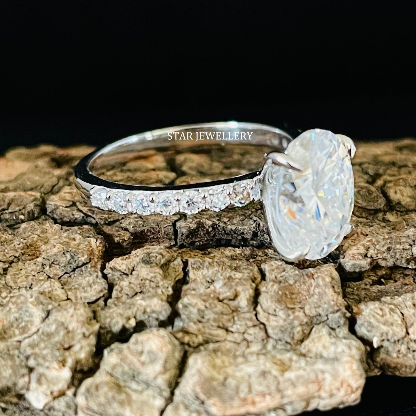 3.00 Ct Colorless Oval Cut Moissanite Engagement Ring with Studded Shank