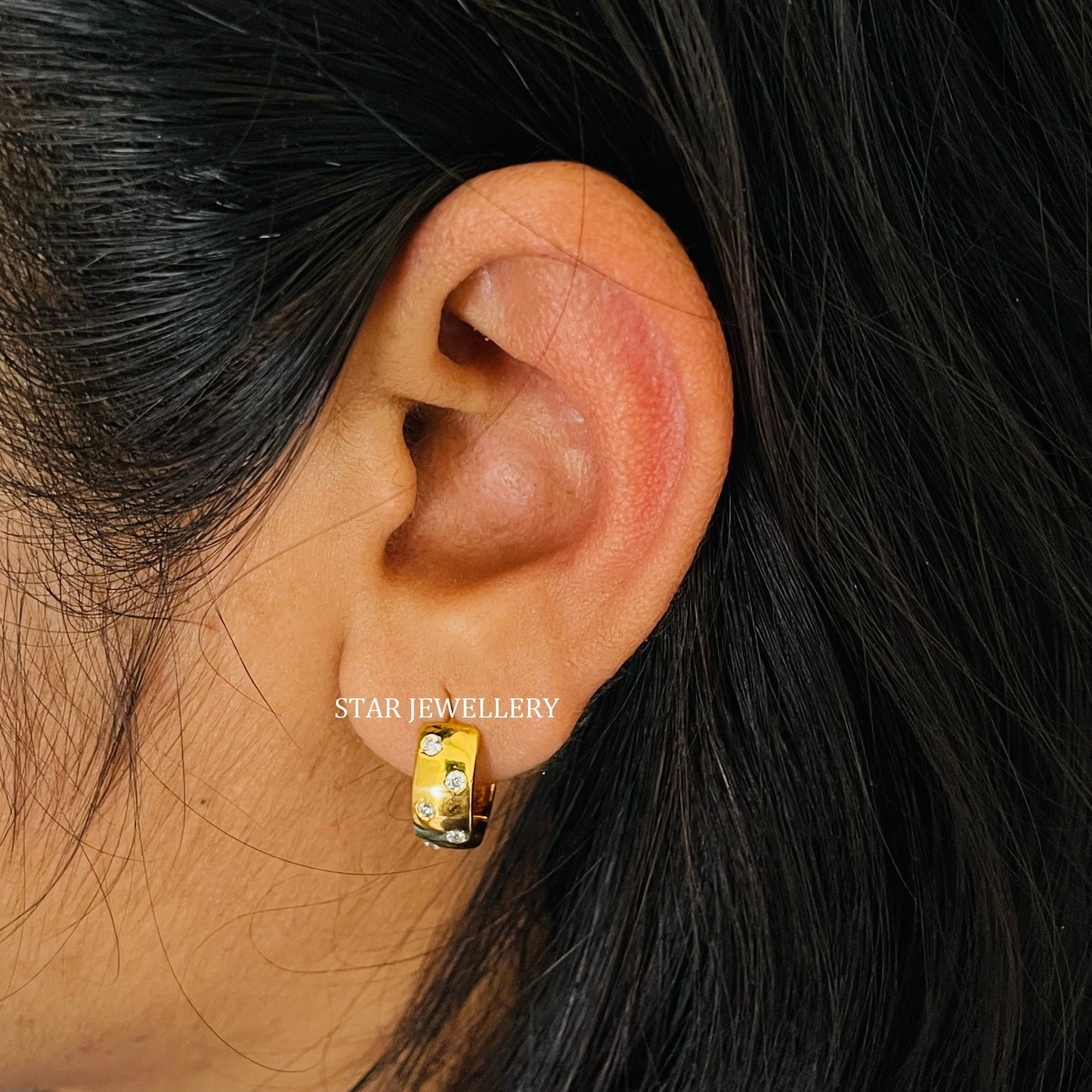 14K Solid Gold Flush Set Diamond Hoop