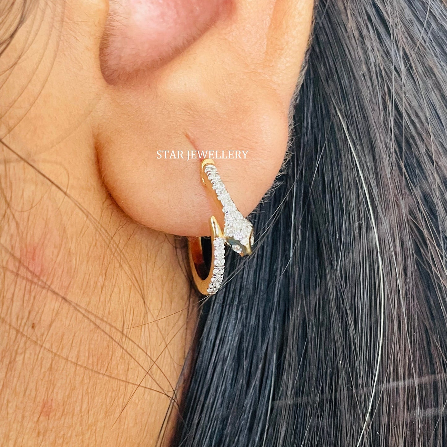 14 K Solid Gold Natural Diamond Snake Hoop Earring