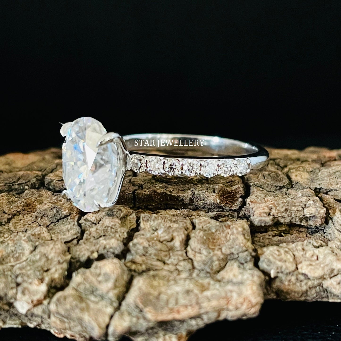 3.00 Ct Colorless Oval Cut Moissanite Engagement Ring with Studded Shank