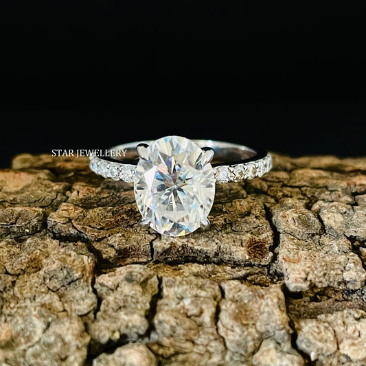 3.00 Ct Colorless Oval Cut Moissanite Engagement Ring with Studded Shank