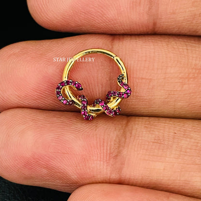 14K Solid Gold Red CZ Diamond Snake Daith Piercing
