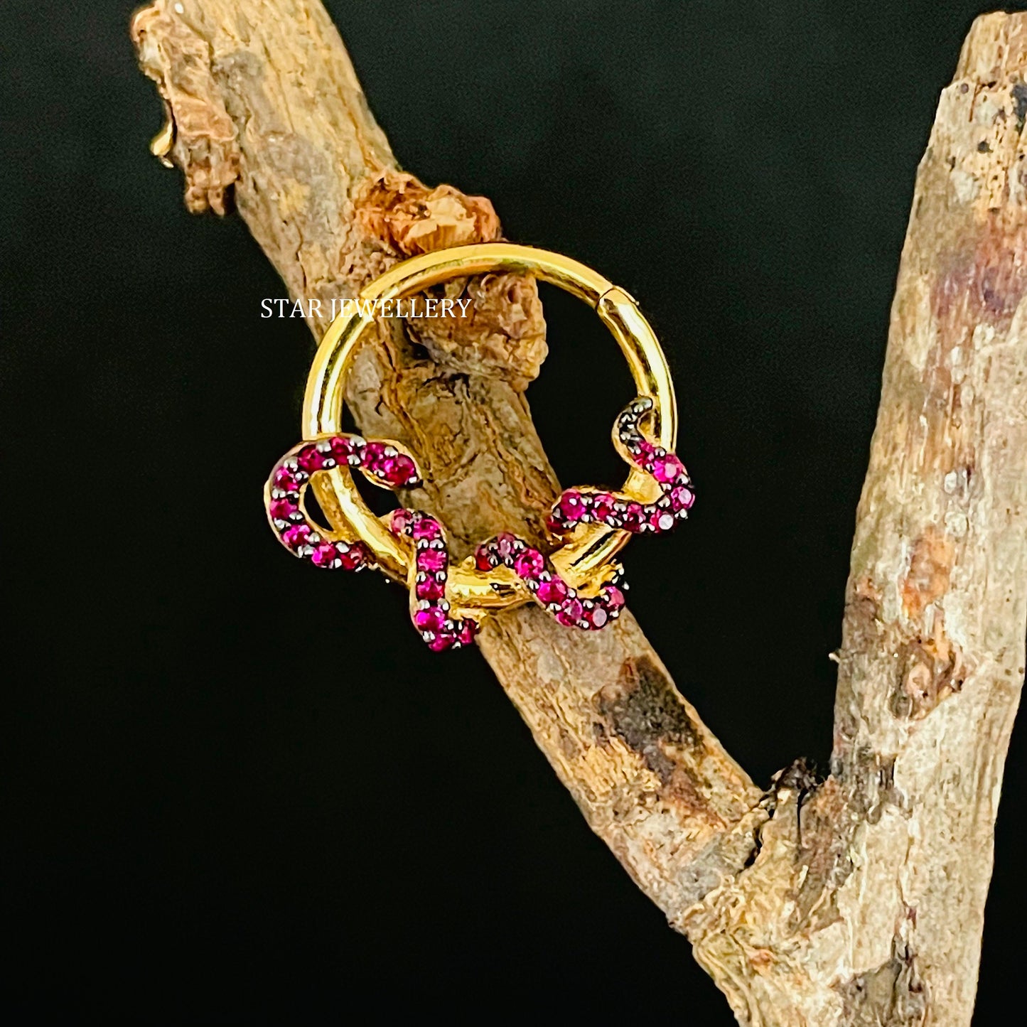 14K Solid Gold Red CZ Diamond Snake Daith Piercing