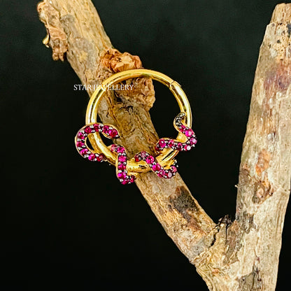 14K Solid Gold Red CZ Diamond Snake Daith Piercing