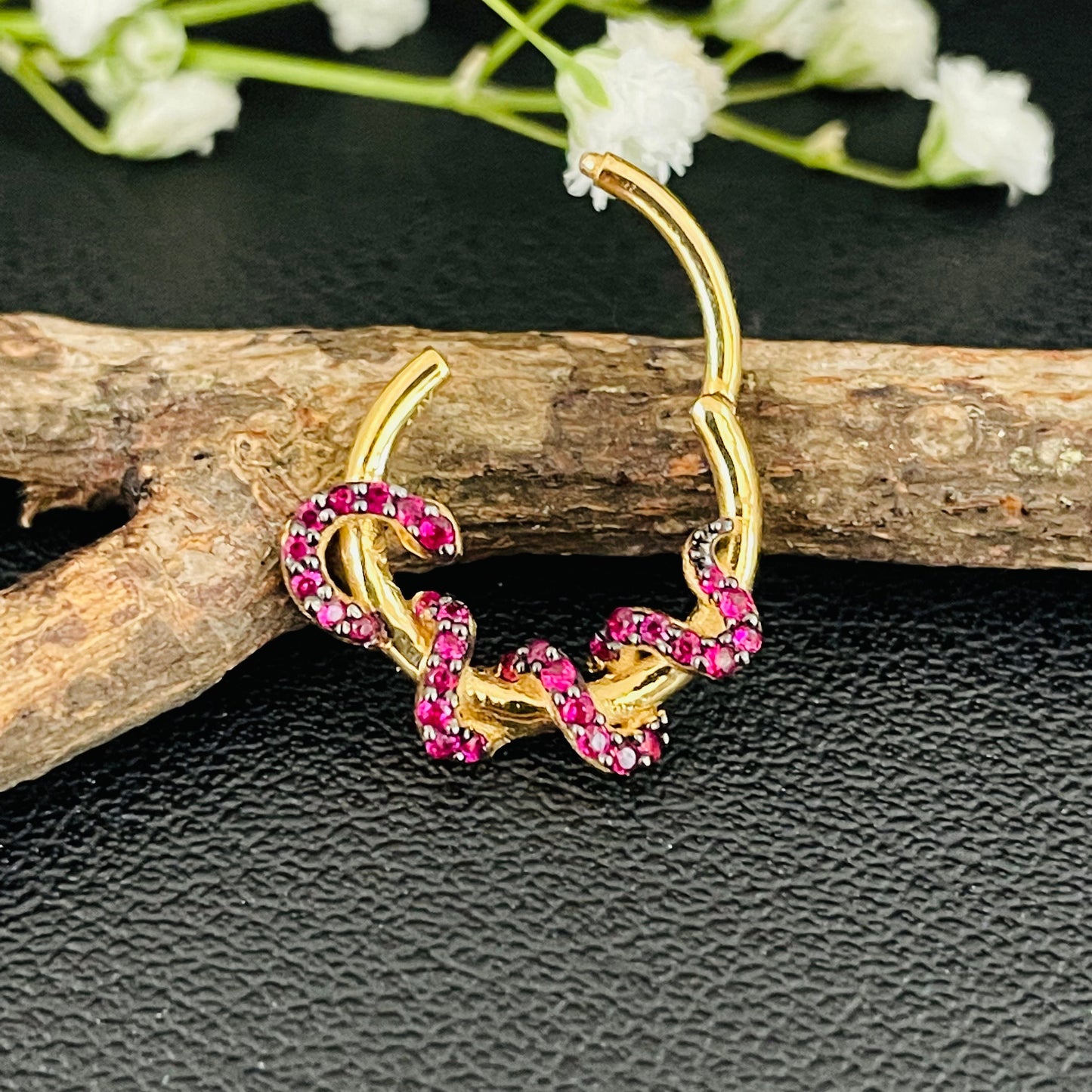 14K Solid Gold Red CZ Diamond Snake Daith Piercing