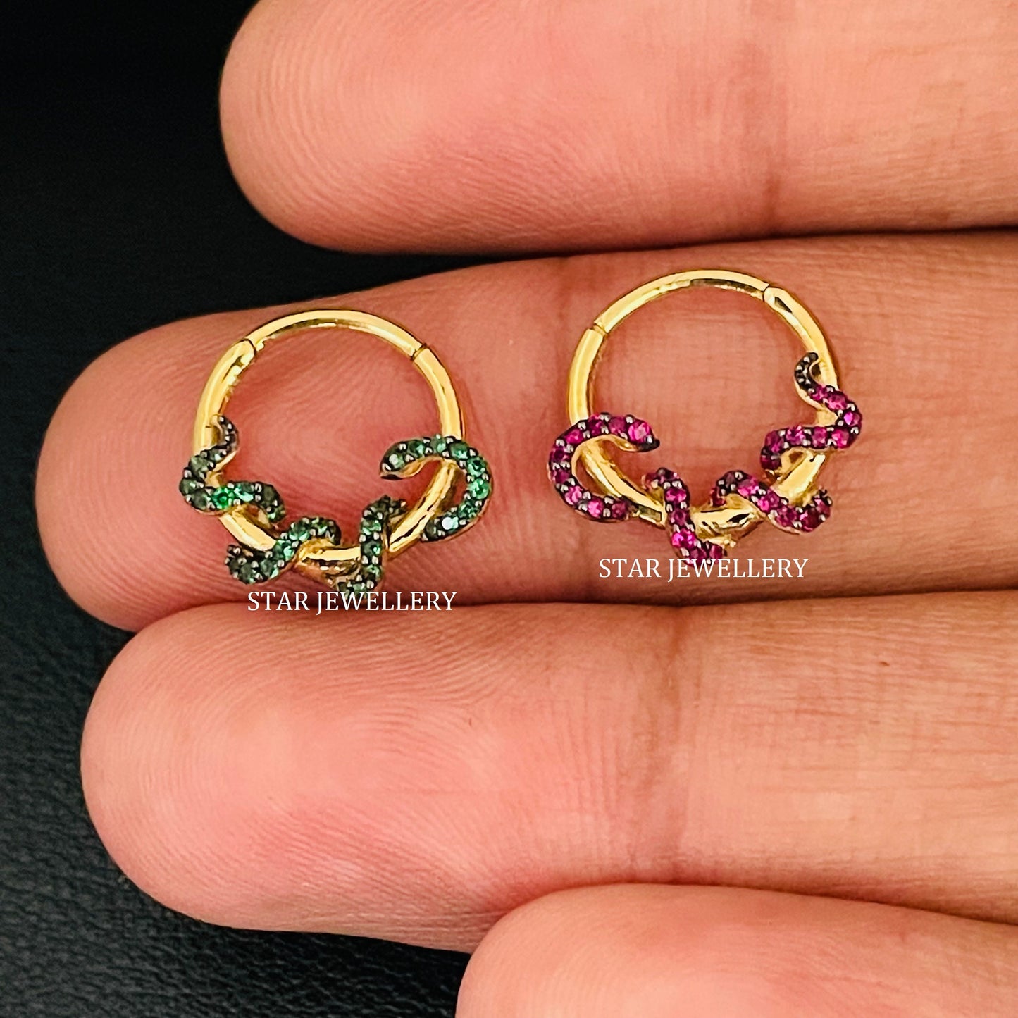 14K Solid Gold Red CZ Diamond Snake Daith Piercing