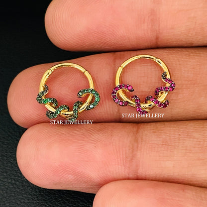 14K Solid Gold Red CZ Diamond Snake Daith Piercing