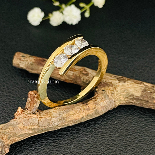 14K Solid Gold Bar Set Three Stone Moissanite Engagement Ring