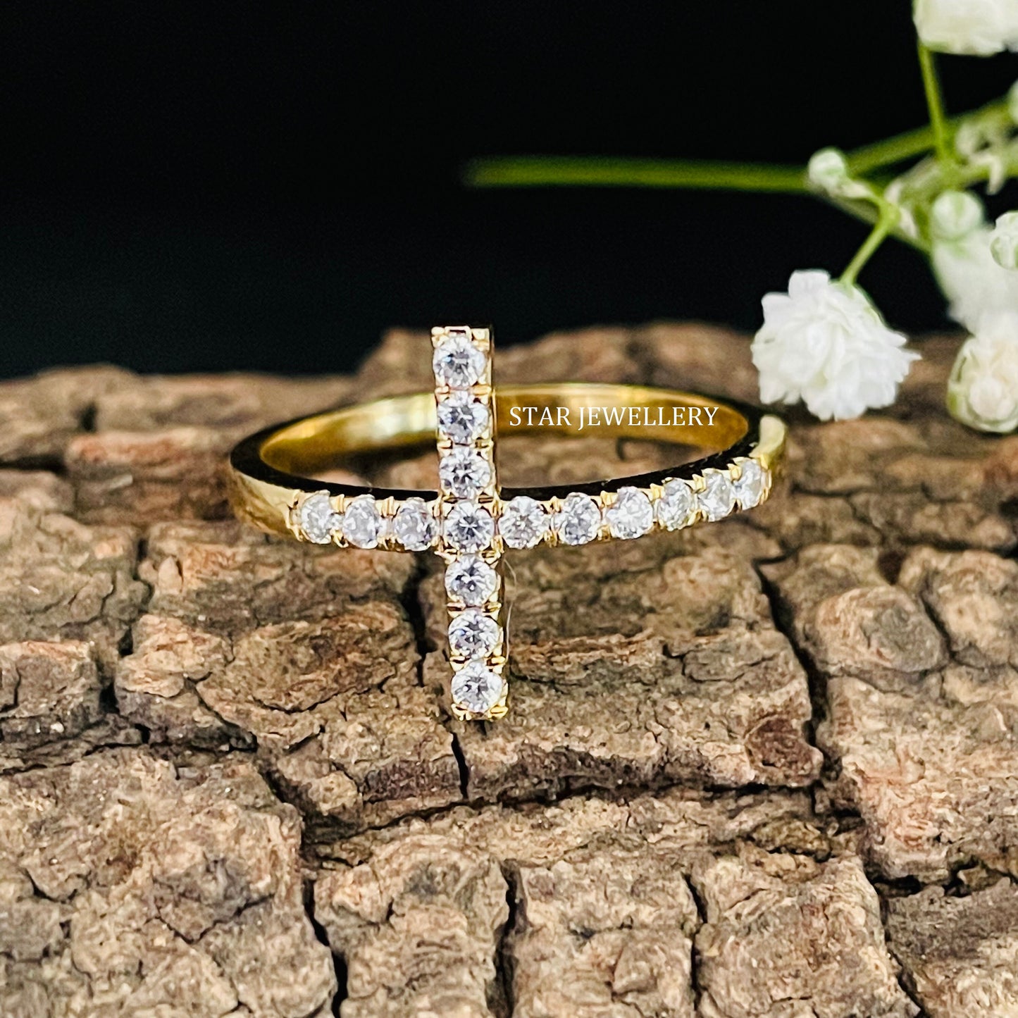 14K Solid Gold Pave Set Diamond Cross Ring