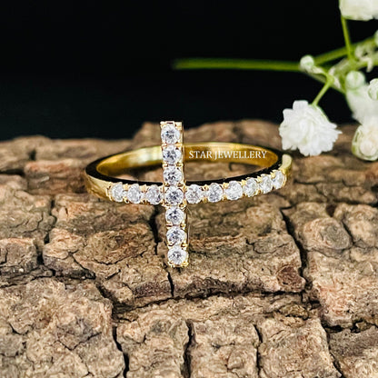 14K Solid Gold Pave Set Diamond Cross Ring