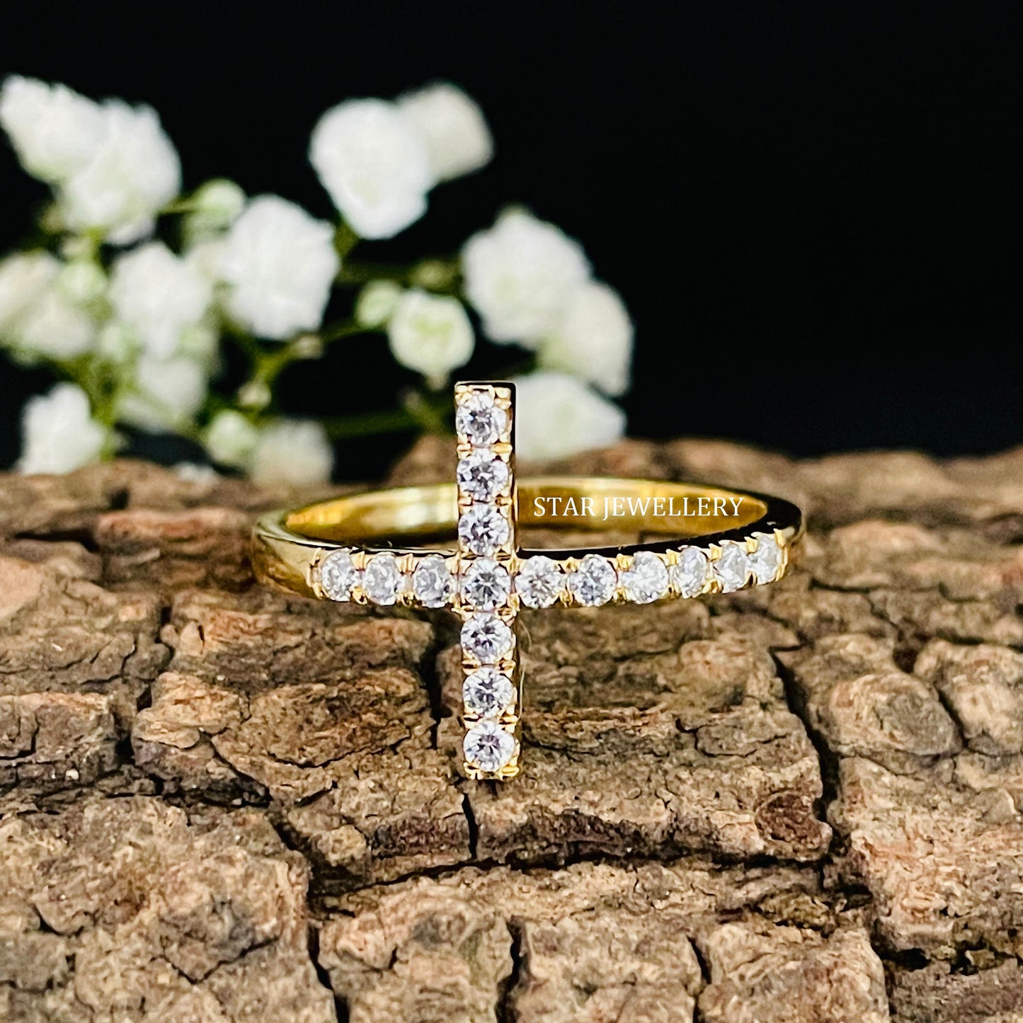 14K Solid Gold Pave Set Diamond Cross Ring