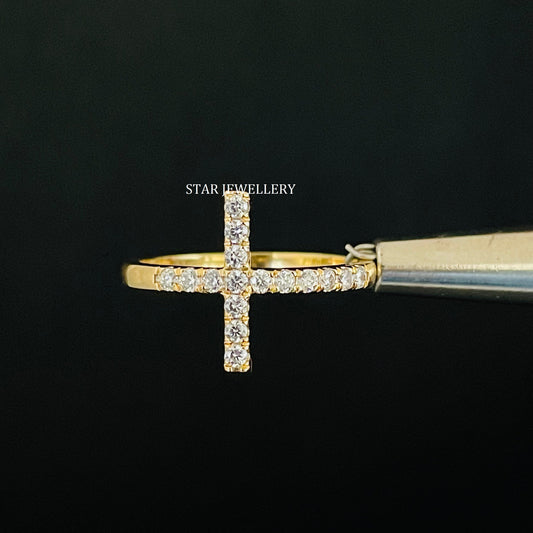 14K Solid Gold Pave Set Diamond Cross Ring