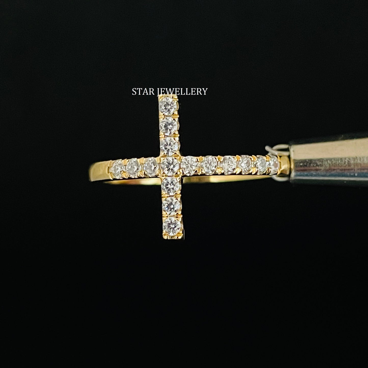 14K Solid Gold Pave Set Diamond Cross Ring