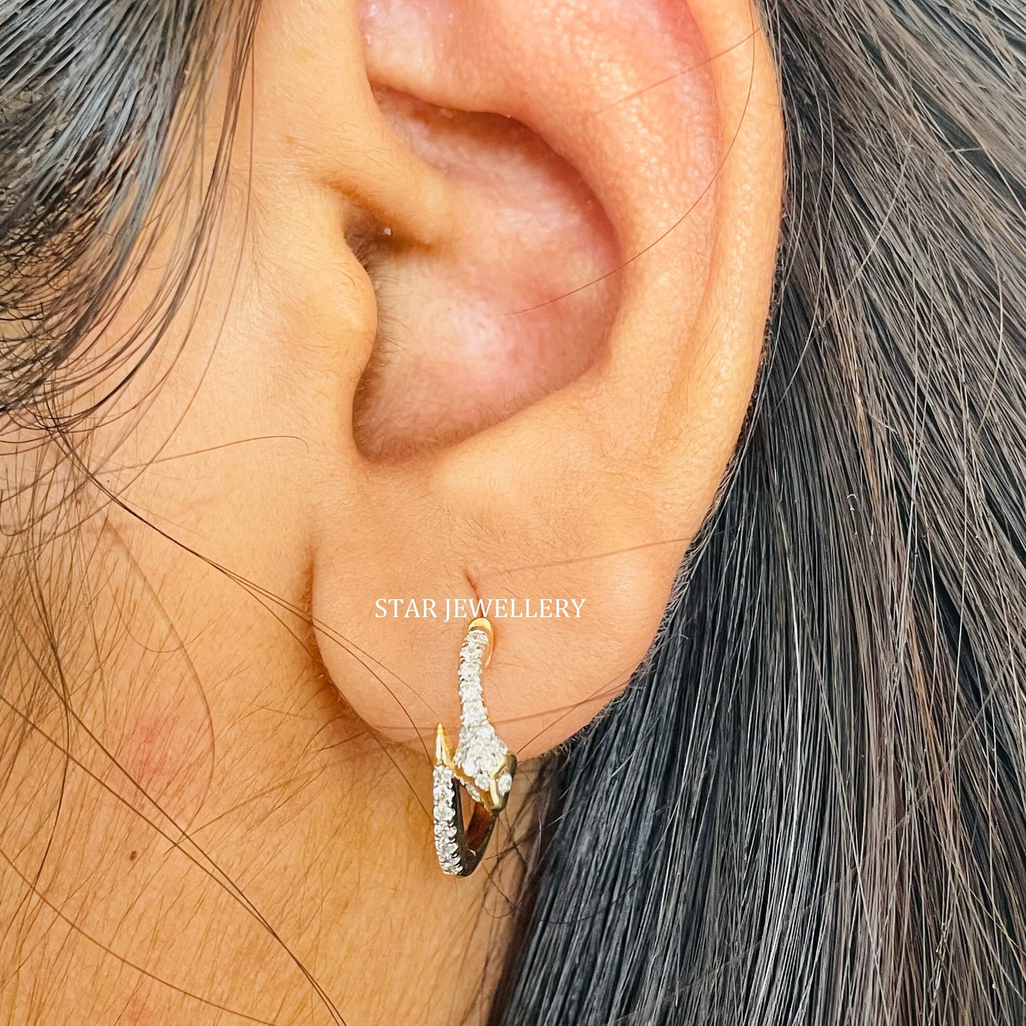 14 K Solid Gold Natural Diamond Snake Hoop Earring