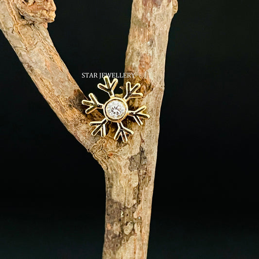 14K Solid Gold Snowflake Diamond Ear Piercing