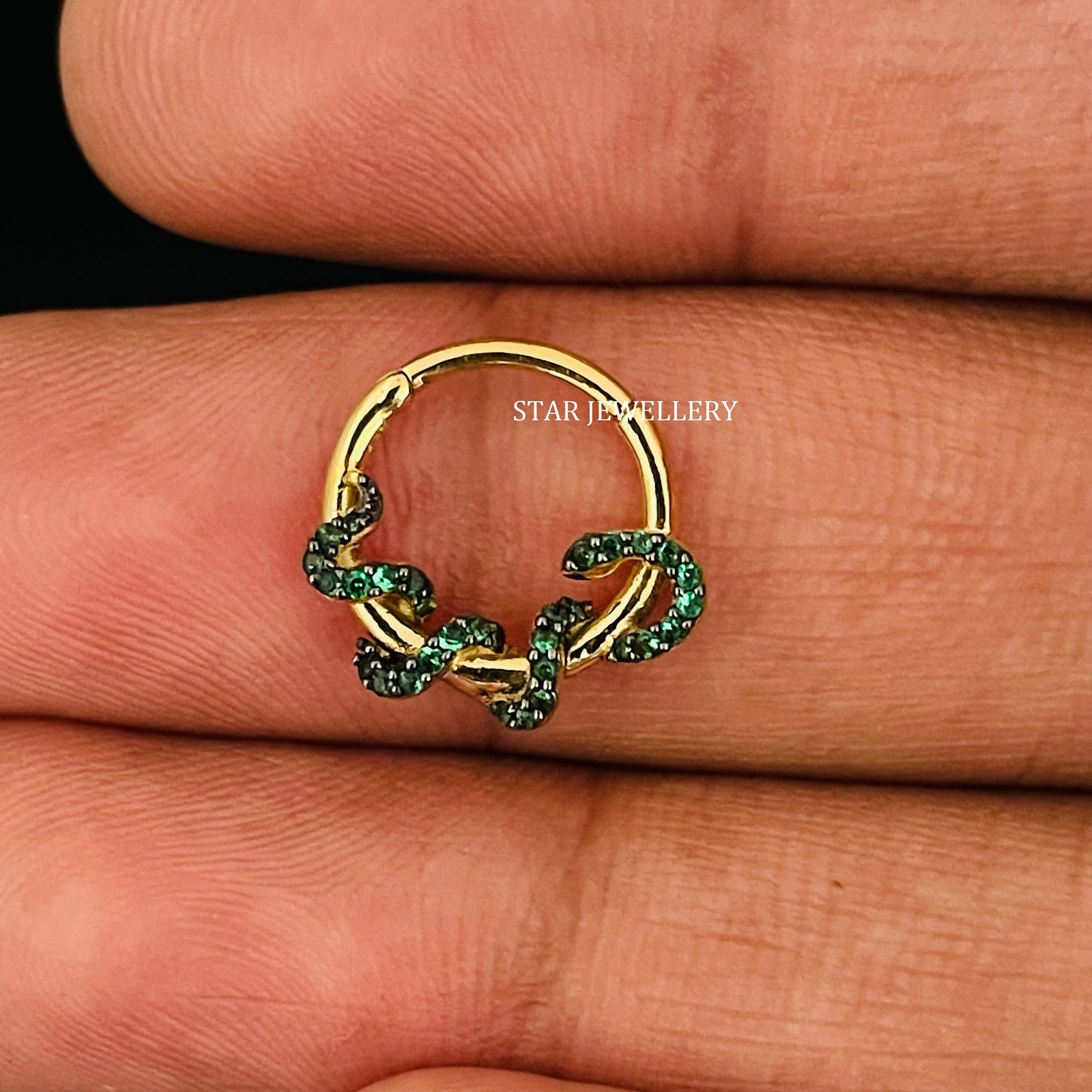 14K Solid Gold CZ Green Diamond Snake Daith Piercing