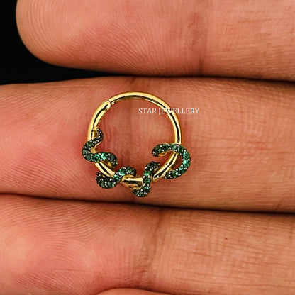 14K Solid Gold CZ Green Diamond Snake Daith Piercing