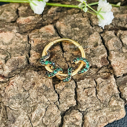 14K Solid Gold CZ Green Diamond Snake Daith Piercing