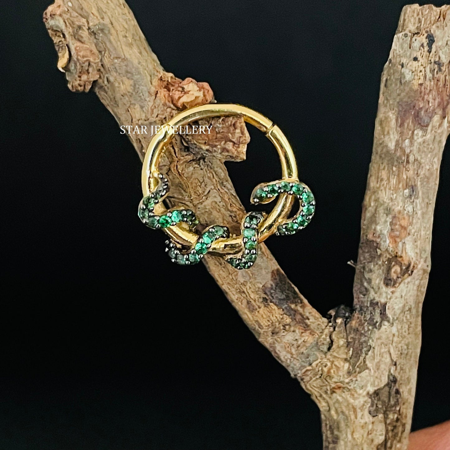 14K Solid Gold CZ Green Diamond Snake Daith Piercing