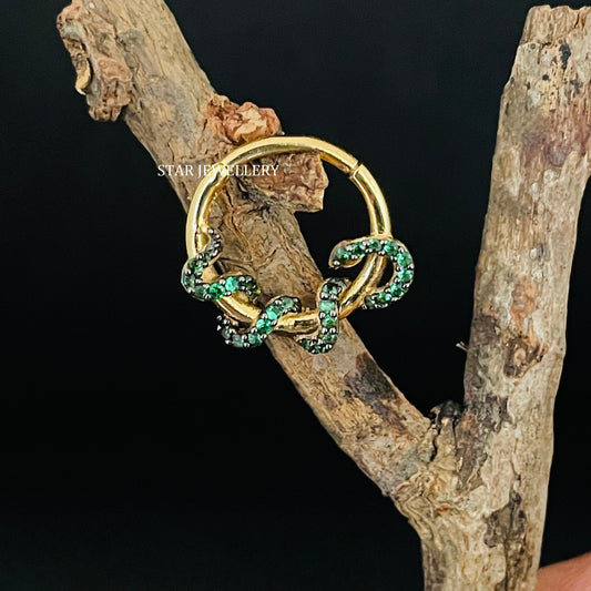 14K Solid Gold CZ Green Diamond Snake Daith Piercing