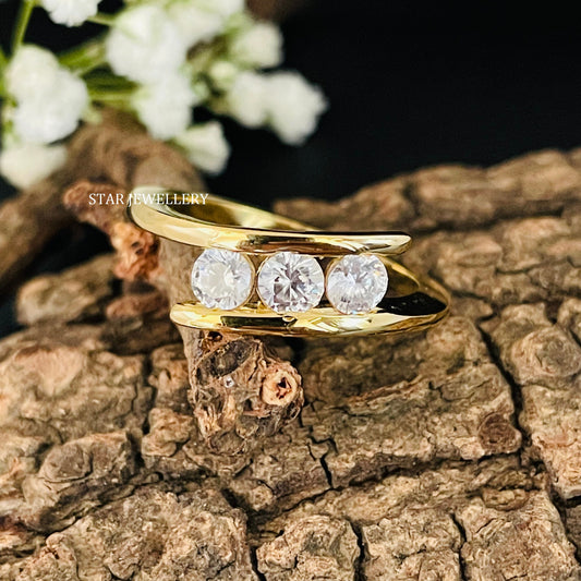 14K Solid Gold Bar Set Three Stone Moissanite Engagement Ring