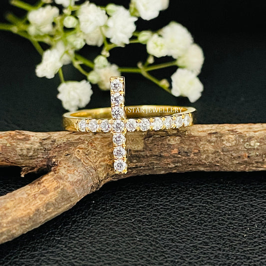 14K Solid Gold Pave Set Diamond Cross Ring