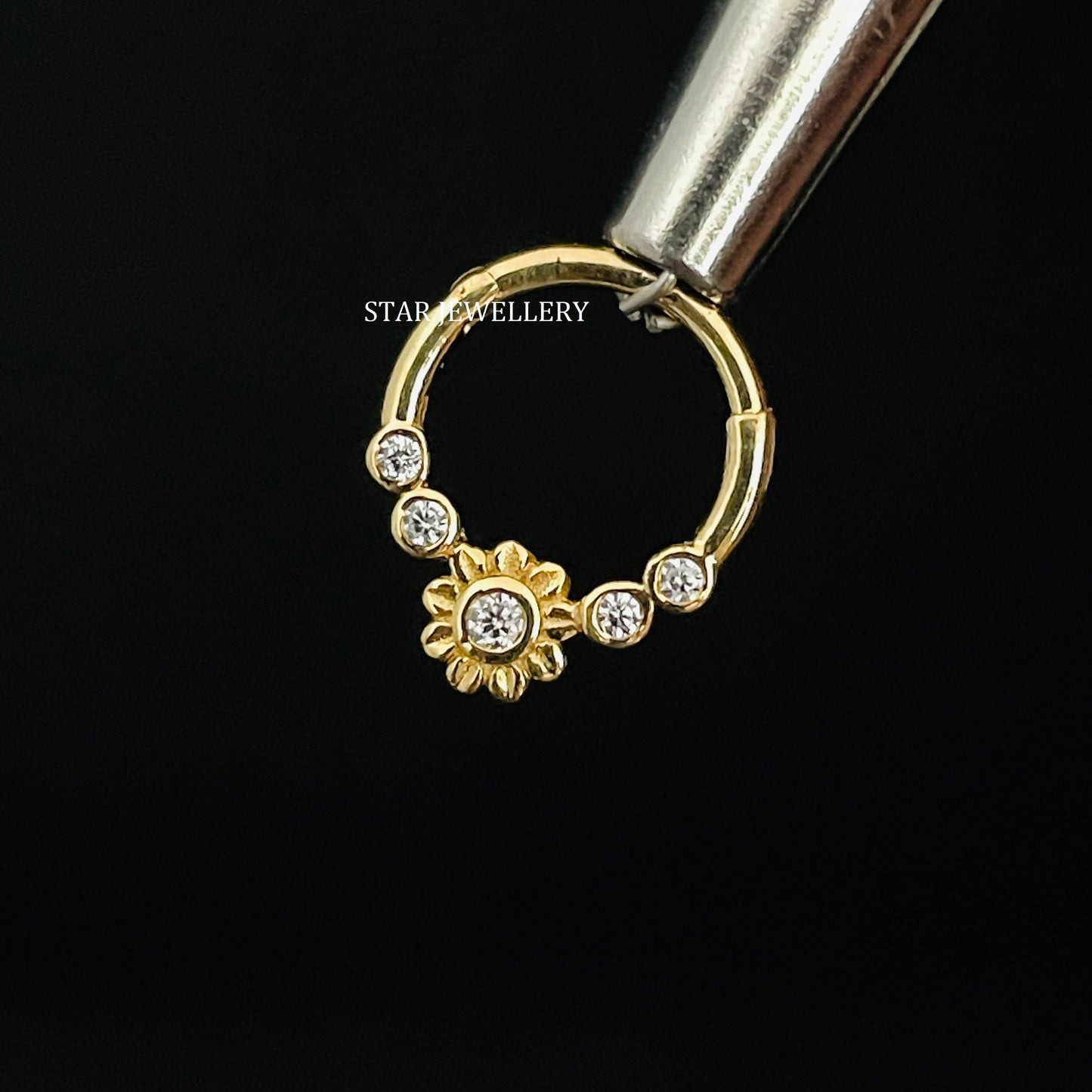 Bezel Set Natural Diamond Flower Daith Piercing