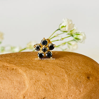 14K Solid Gold Natural Black Diamond Cluster Floral Ear Piercing