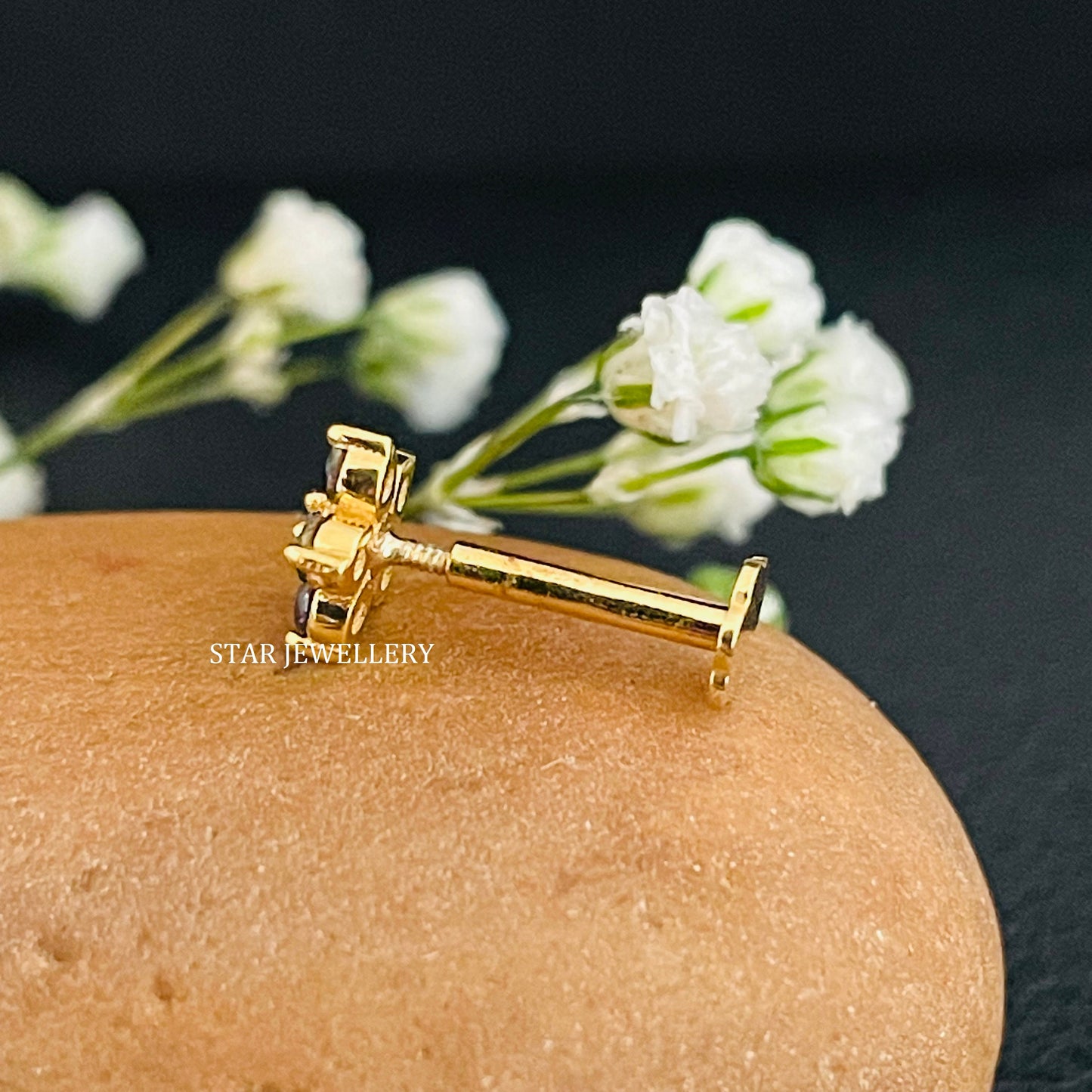 14K Solid Gold Natural Black Diamond Cluster Floral Ear Piercing