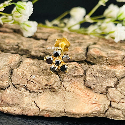 14K Solid Gold Natural Black Diamond Cluster Floral Ear Piercing
