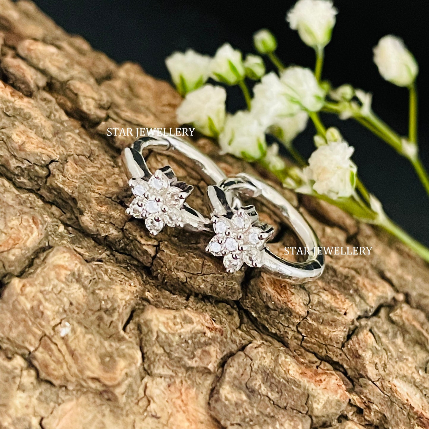 14K Solid Gold Single Flower Diamond Hoop Earring