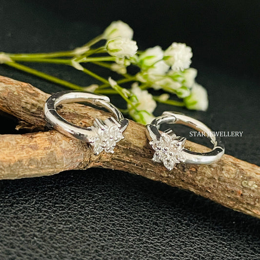 14K Solid Gold Single Flower Diamond Hoop Earring