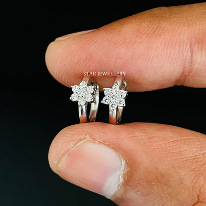 14K Solid Gold Single Flower Diamond Hoop Earring