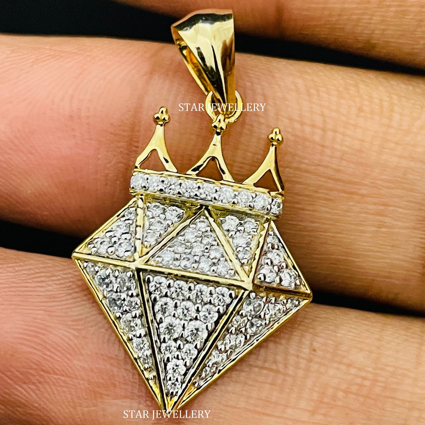 10K Solid Gold Natural Diamond Shape Pendant with Crown