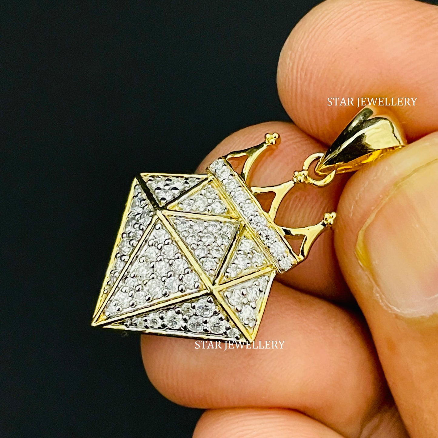 10K Solid Gold Natural Diamond Shape Pendant with Crown