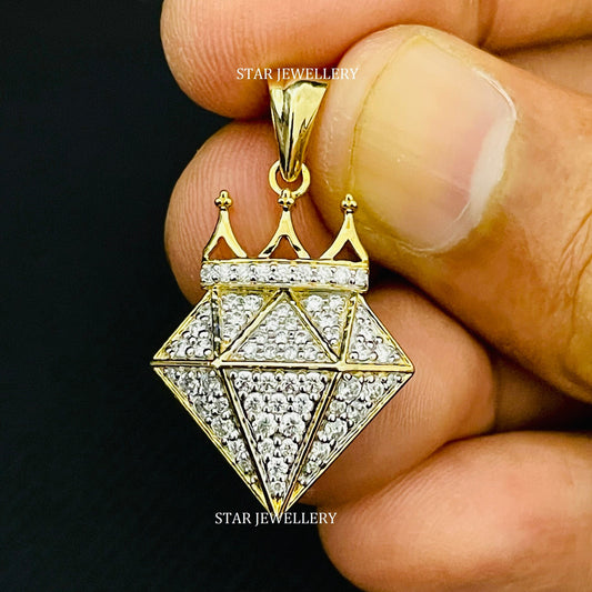 10K Solid Gold Natural Diamond Shape Pendant with Crown
