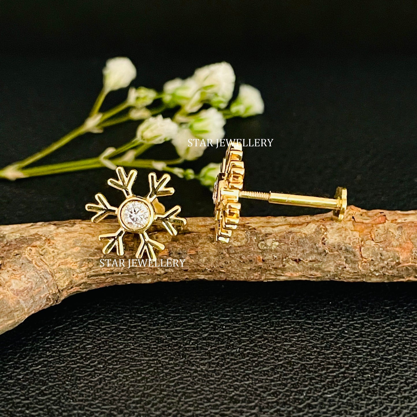 14K Solid Gold Snowflake Diamond Ear Piercing