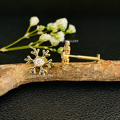 14K Solid Gold Snowflake Diamond Ear Piercing
